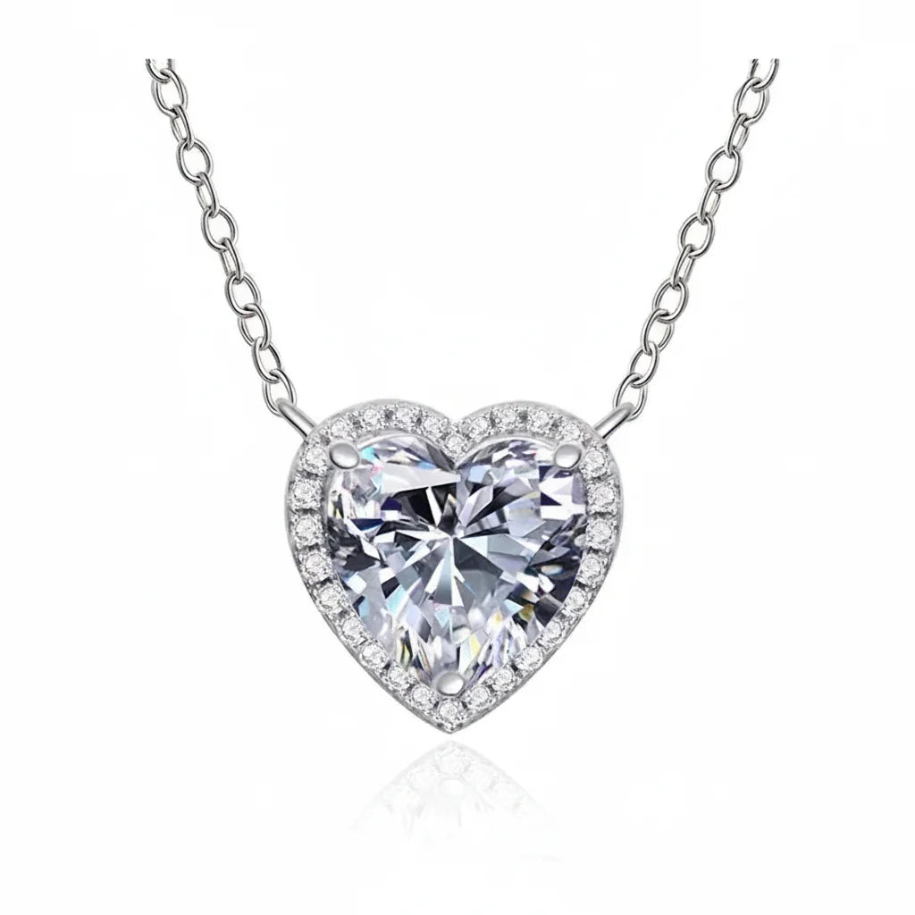 Full Moissanite Heart Halo Pendant Necklace – Certified S925 Silver Diamond-Look Fine Jewelry for Women, Elegant Wedding Accessory, Romantic Gift and Party Style