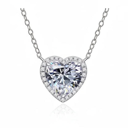 Full Moissanite Heart Halo Pendant Necklace – Certified S925 Silver Diamond-Look Fine Jewelry for Women, Elegant Wedding Accessory, Romantic Gift and Party Style