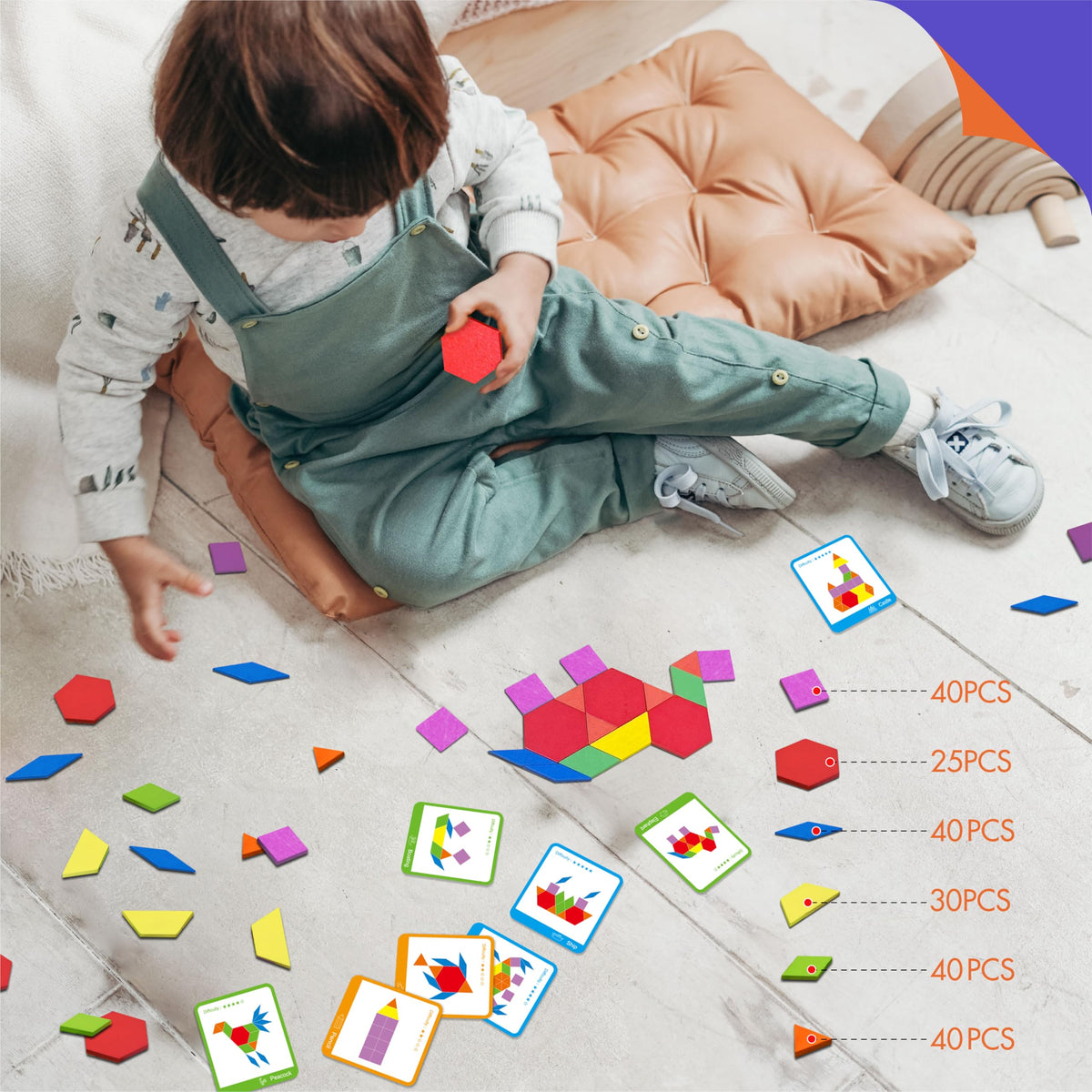 Wooden Pattern Blocks Set – 155-Piece Montessori Geometric Tangram Puzzle for Kids Developing Shape Recognition, Fine Motor Skills and Creativity