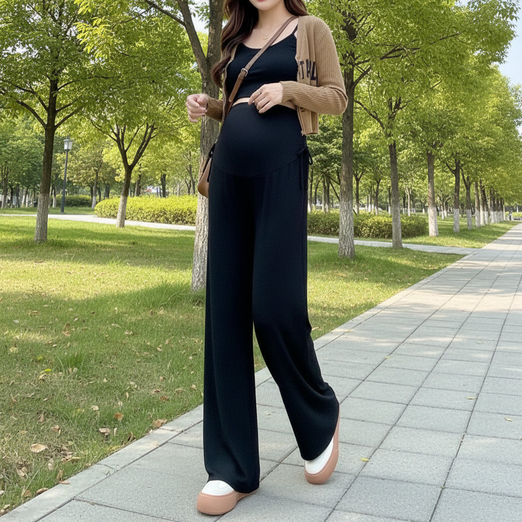 Maternity Wide Leg Trousers – Comfortable Drawstring Pregnancy Pants for Casual Spring and Summer Everyday Wear