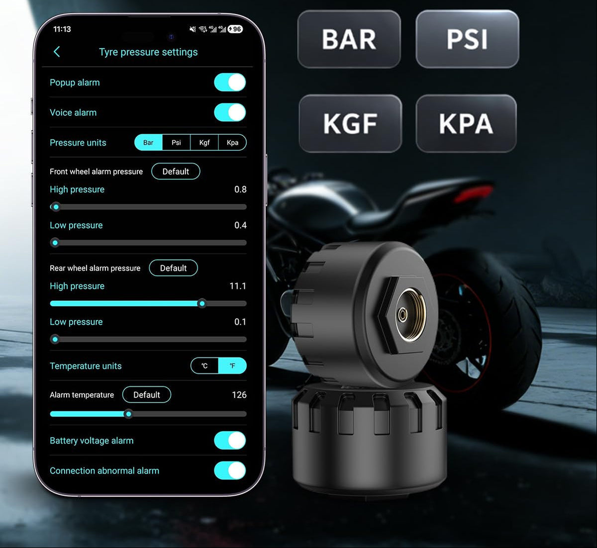 Bluetooth Motorcycle TPMS – Real Time Tire Pressure and Temperature Monitoring System with IP67 Waterproof Protection and App Alerts