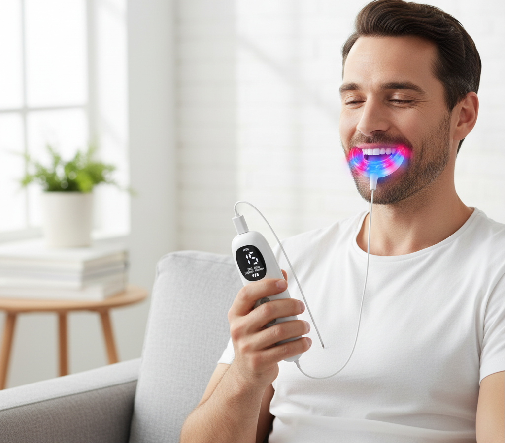 Red Light Oral Care Mouthpiece – Rechargeable LED Gum Therapy Device with Red and Blue Light, Timers and Detachable Easy Clean Tray