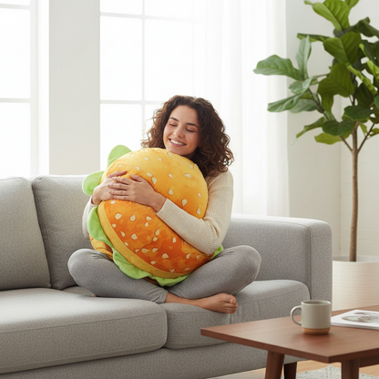 Realistic Burger Pillow – Funny Cheeseburger Plush Cushion and Office Chair Pad for Kids, Prank Gifts, Bedroom Decor and Cozy Novelty Seating