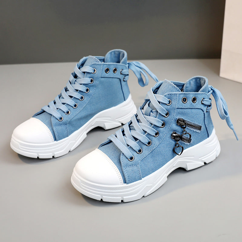 Women's High Top Denim Sneakers - Platform Casual Shoes with Breathable Design and Height Boosting Comfort