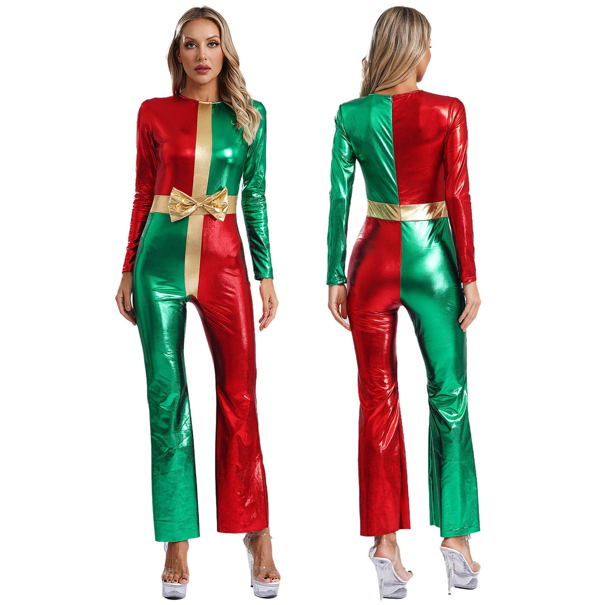 Metallic Santa Cosplay Jumpsuit – Women's Christmas Costume for Holiday Parties, Dance Performances and Festive Events