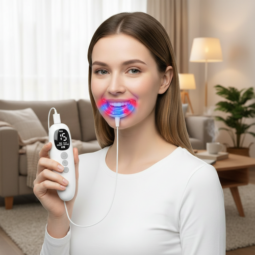 Red Light Oral Care Mouthpiece – Rechargeable LED Gum Therapy Device with Red and Blue Light, Timers and Detachable Easy Clean Tray