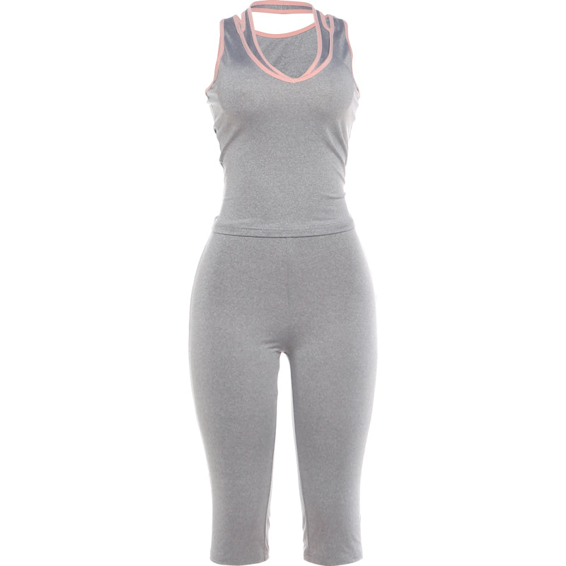 Sporty Two Piece Tracksuit Set – Halter V-Neck Tank Top with Stretch Crop Top for Casual Fitness, Travel and Everyday Comfort
