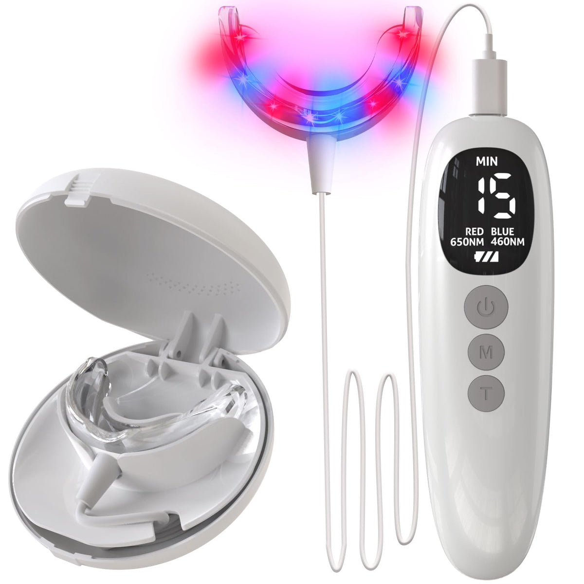Red Light Oral Care Mouthpiece – Rechargeable LED Gum Therapy Device with Red and Blue Light, Timers and Detachable Easy Clean Tray