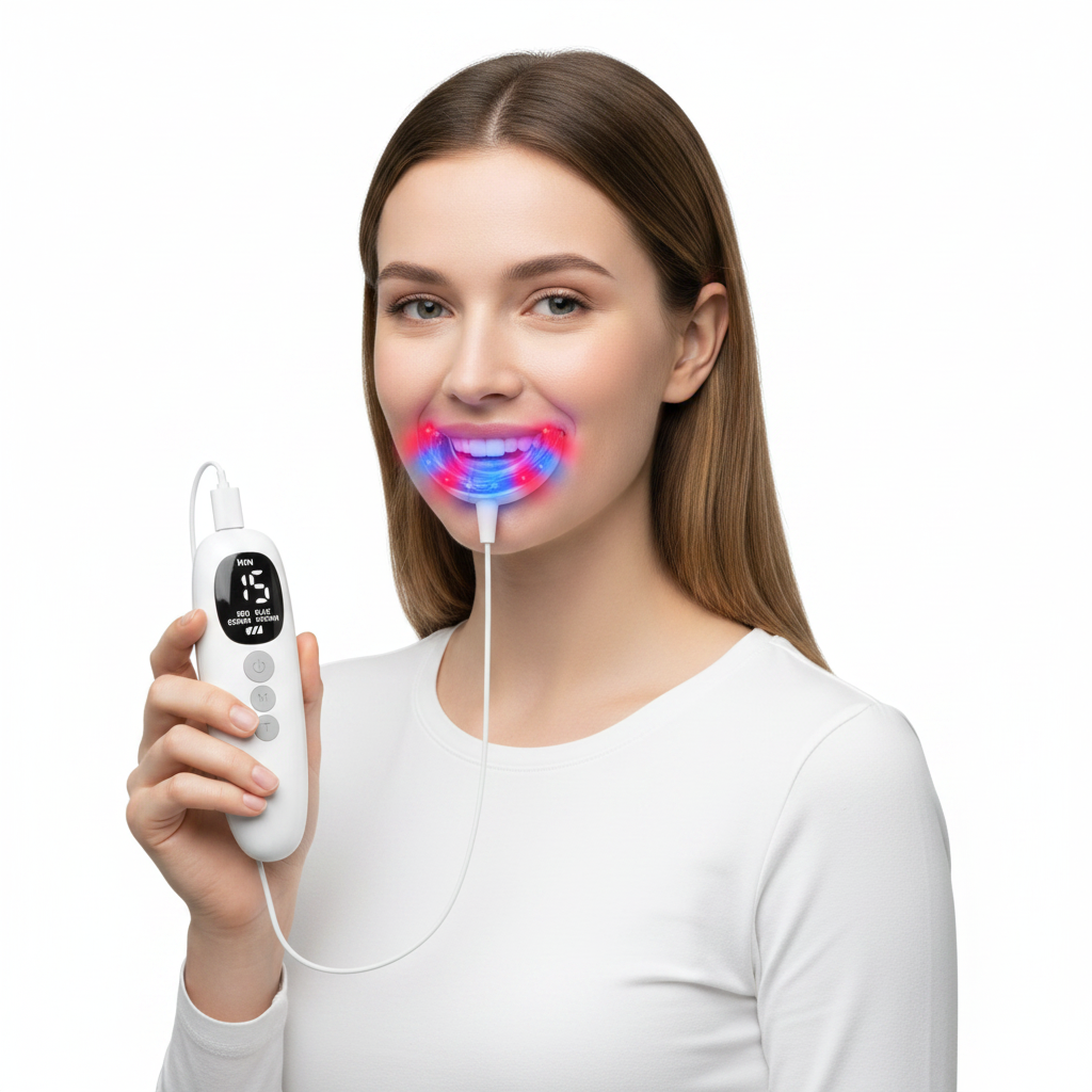 Red Light Oral Care Mouthpiece – Rechargeable LED Gum Therapy Device with Red and Blue Light, Timers and Detachable Easy Clean Tray