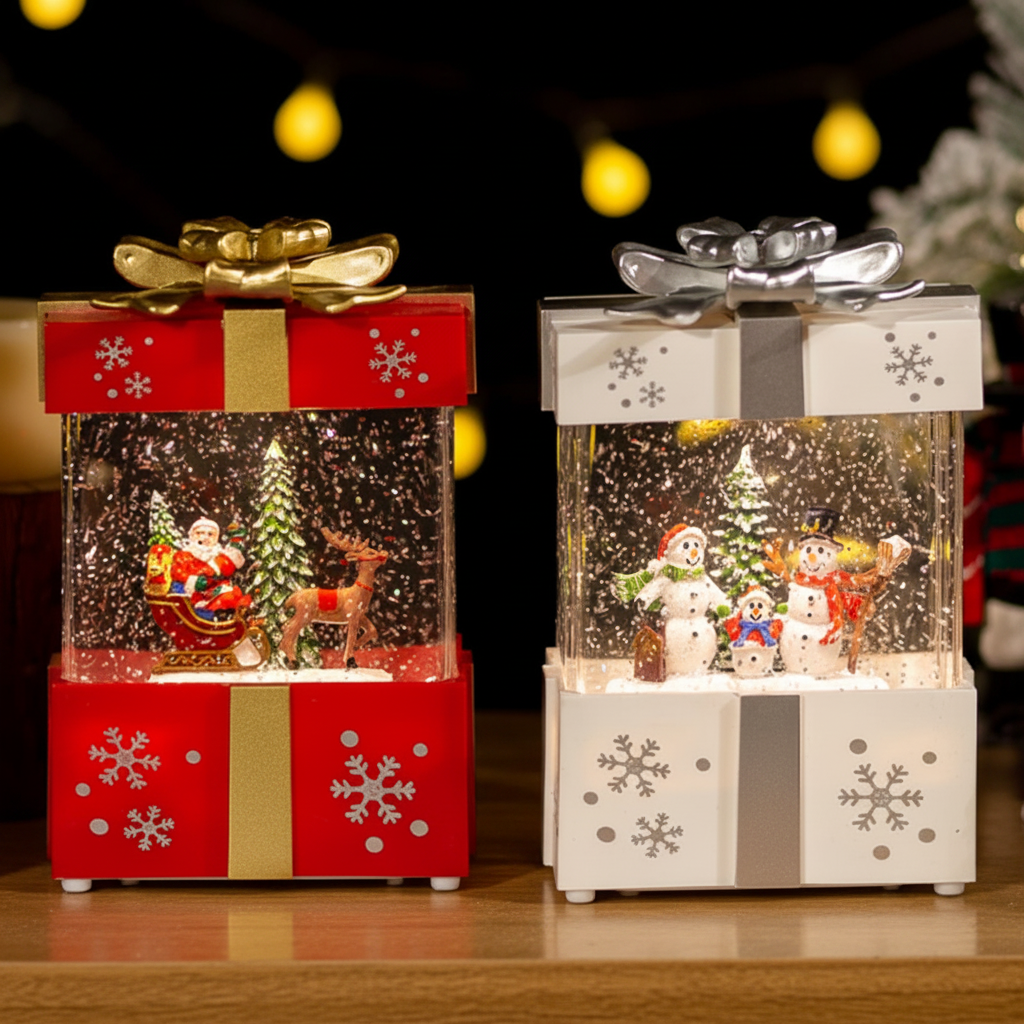 Christmas Musical Gift Box – Rotating Santa Village Decoration with Music for Holiday Tabletop Display and Festive Home Decor