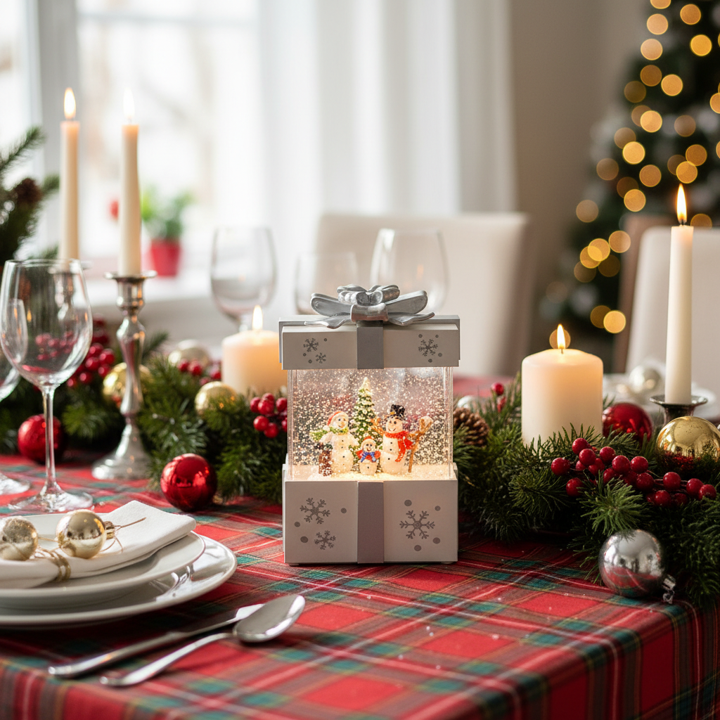 Christmas Musical Gift Box – Rotating Santa Village Decoration with Music for Holiday Tabletop Display and Festive Home Decor