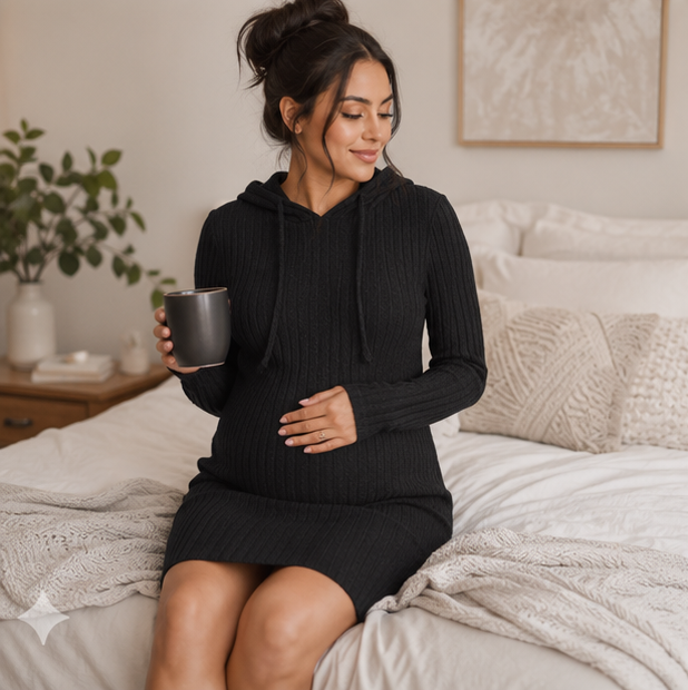 Maternity Knit Hoodie Dress – Comfortable Pregnancy Sweater Dress for Casual Autumn Everyday Style