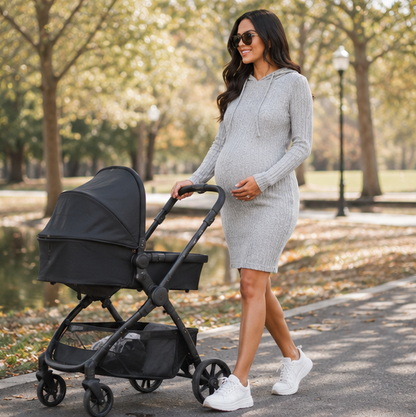 Maternity Knit Hoodie Dress – Comfortable Pregnancy Sweater Dress for Casual Autumn Everyday Style