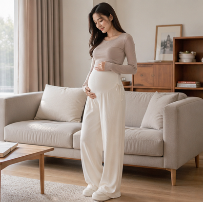 Maternity Wide Leg Trousers – Comfortable Drawstring Pregnancy Pants for Casual Spring and Summer Everyday Wear
