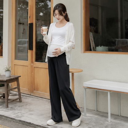 Maternity Wide Leg Trousers – Comfortable Drawstring Pregnancy Pants for Casual Spring and Summer Everyday Wear