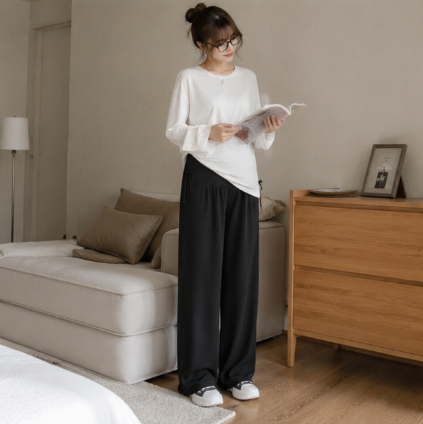 Maternity Wide Leg Trousers – Comfortable Drawstring Pregnancy Pants for Casual Spring and Summer Everyday Wear