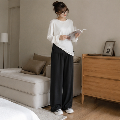 Maternity Wide Leg Trousers – Comfortable Drawstring Pregnancy Pants for Casual Spring and Summer Everyday Wear