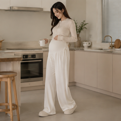 Maternity Wide Leg Trousers – Comfortable Drawstring Pregnancy Pants for Casual Spring and Summer Everyday Wear
