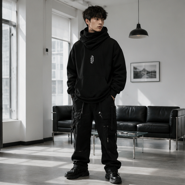 Men’s Embroidered Ninja Hoodie – Japanese Streetwear Fleece Sweatshirt with Turtleneck Design and Oversized Y2K Fashion Appeal
