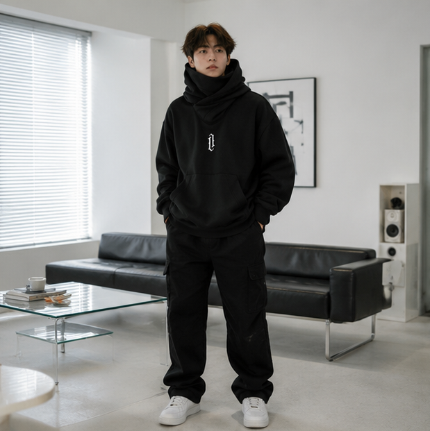Men’s Embroidered Ninja Hoodie – Japanese Streetwear Fleece Sweatshirt with Turtleneck Design and Oversized Y2K Fashion Appeal