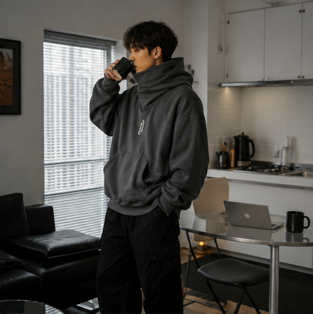 Men’s Embroidered Ninja Hoodie – Japanese Streetwear Fleece Sweatshirt with Turtleneck Design and Oversized Y2K Fashion Appeal