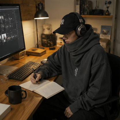 Men’s Embroidered Ninja Hoodie – Japanese Streetwear Fleece Sweatshirt with Turtleneck Design and Oversized Y2K Fashion Appeal