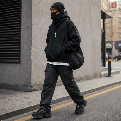 Men’s Embroidered Ninja Hoodie – Japanese Streetwear Fleece Sweatshirt with Turtleneck Design and Oversized Y2K Fashion Appeal