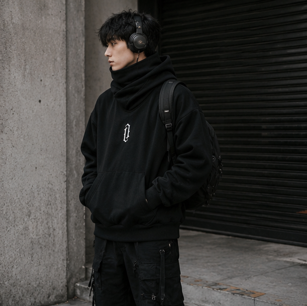 Men’s Embroidered Ninja Hoodie – Japanese Streetwear Fleece Sweatshirt with Turtleneck Design and Oversized Y2K Fashion Appeal