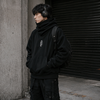 Men’s Embroidered Ninja Hoodie – Japanese Streetwear Fleece Sweatshirt with Turtleneck Design and Oversized Y2K Fashion Appeal