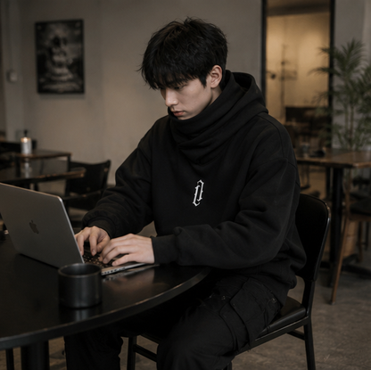 Men’s Embroidered Ninja Hoodie – Japanese Streetwear Fleece Sweatshirt with Turtleneck Design and Oversized Y2K Fashion Appeal