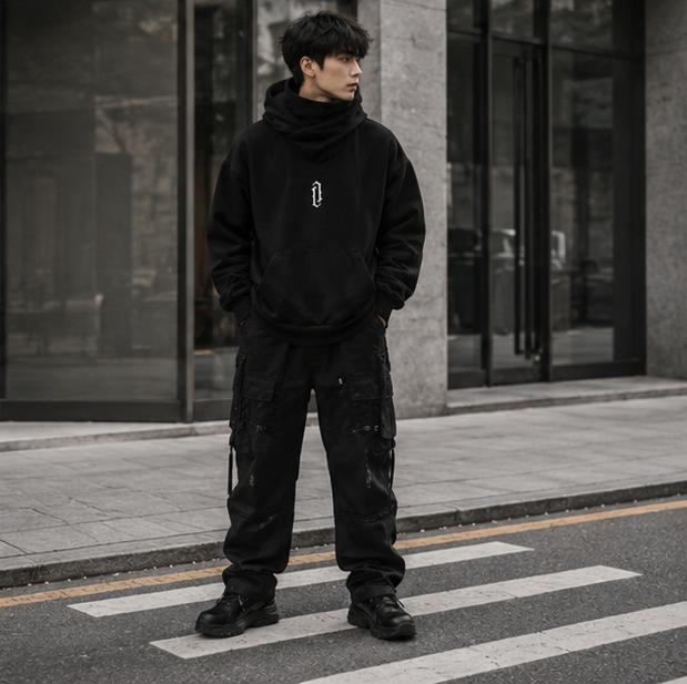 Men’s Embroidered Ninja Hoodie – Japanese Streetwear Fleece Sweatshirt with Turtleneck Design and Oversized Y2K Fashion Appeal