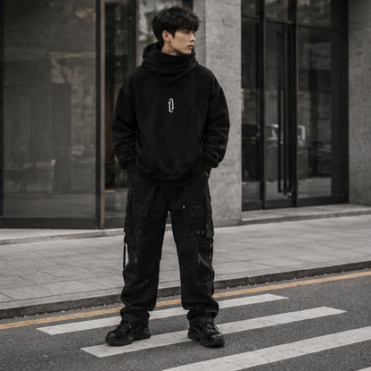 Men’s Embroidered Ninja Hoodie – Japanese Streetwear Fleece Sweatshirt with Turtleneck Design and Oversized Y2K Fashion Appeal