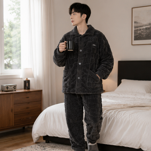 Men's Flannel Pajama Set - Thick Coral Velvet Sleepwear for Warm Comfortable Home Lounging