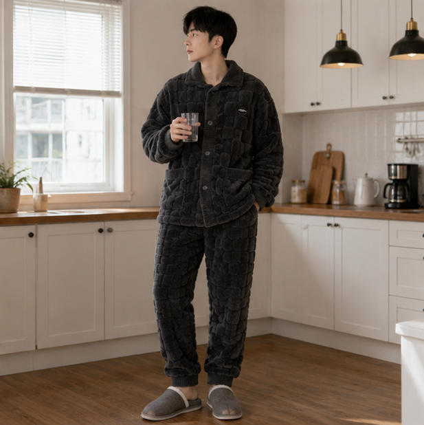 Men's Flannel Pajama Set - Thick Coral Velvet Sleepwear for Warm Comfortable Home Lounging
