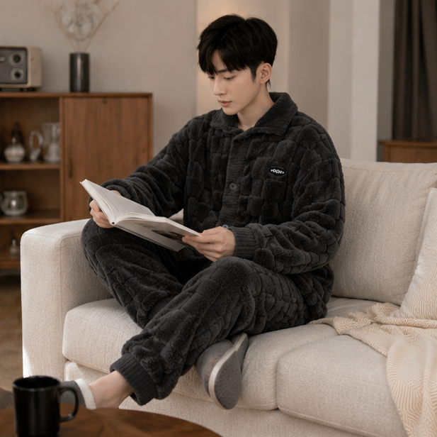 Men's Flannel Pajama Set - Thick Coral Velvet Sleepwear for Warm Comfortable Home Lounging