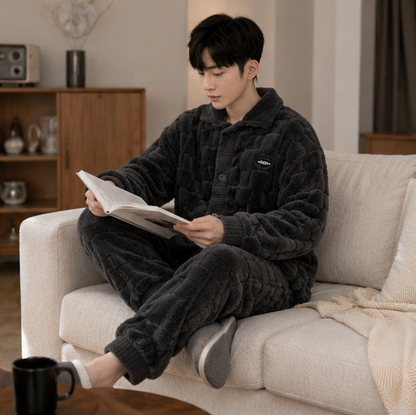 Men's Flannel Pajama Set - Thick Coral Velvet Sleepwear for Warm Comfortable Home Lounging