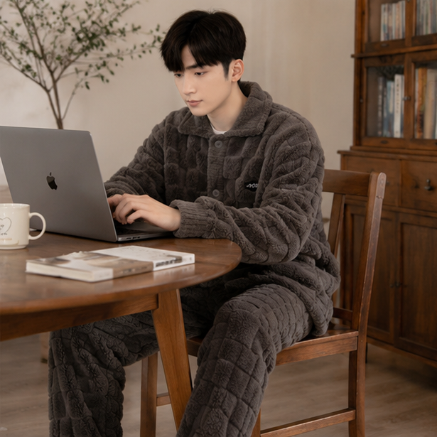 Men's Flannel Pajama Set - Thick Coral Velvet Sleepwear for Warm Comfortable Home Lounging