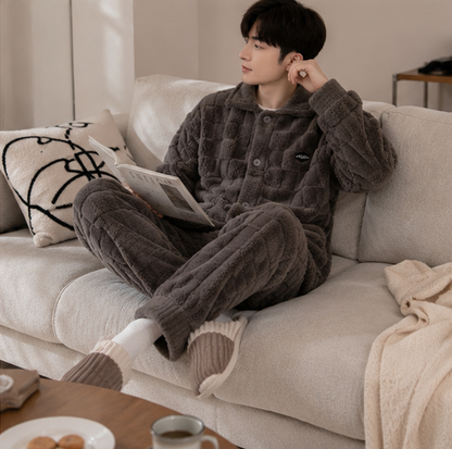 Men's Flannel Pajama Set - Thick Coral Velvet Sleepwear for Warm Comfortable Home Lounging