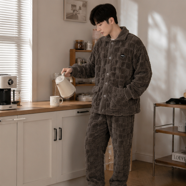Men's Flannel Pajama Set - Thick Coral Velvet Sleepwear for Warm Comfortable Home Lounging