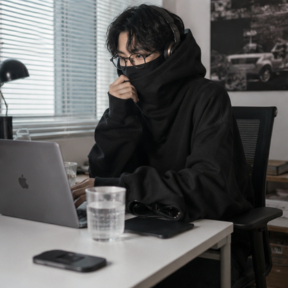 Men’s Ninja Turtleneck Hoodie – Y2K Vintage Fleece Sweatshirt for Hip Hop Streetwear, Japanese Fashion and Casual Winter Comfort