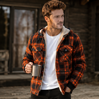 Men's Plaid Hooded Knit Cardigan – Warm Fleece Lined Winter Sweater Jacket with Zipper for Cold Weather Comfort