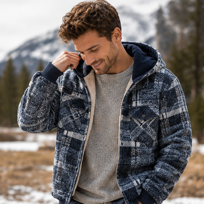 Men's Plaid Hooded Knit Cardigan – Warm Fleece Lined Winter Sweater Jacket with Zipper for Cold Weather Comfort