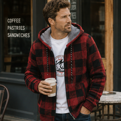 Men's Plaid Hooded Knit Cardigan – Warm Fleece Lined Winter Sweater Jacket with Zipper for Cold Weather Comfort