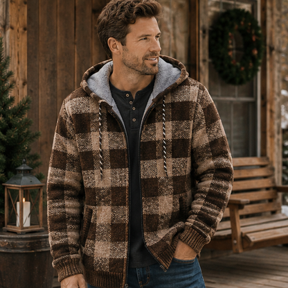 Men's Plaid Hooded Knit Cardigan – Warm Fleece Lined Winter Sweater Jacket with Zipper for Cold Weather Comfort