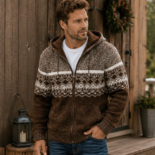Men's Plaid Hooded Knit Cardigan – Warm Fleece Lined Winter Sweater Jacket with Zipper for Cold Weather Comfort