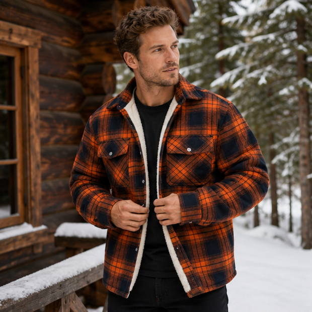 Men's Plaid Plush Winter Coat – Thick Mid Length Button Front Jacket for Casual Warmth and Everyday Outdoor Wear