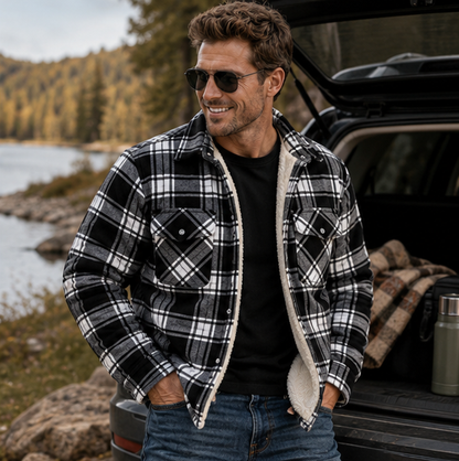 Men's Plaid Plush Winter Coat – Thick Mid Length Button Front Jacket for Casual Warmth and Everyday Outdoor Wear