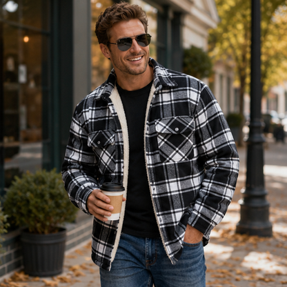 Men's Plaid Plush Winter Coat – Thick Mid Length Button Front Jacket for Casual Warmth and Everyday Outdoor Wear
