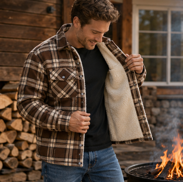 Men's Plaid Plush Winter Coat – Thick Mid Length Button Front Jacket for Casual Warmth and Everyday Outdoor Wear