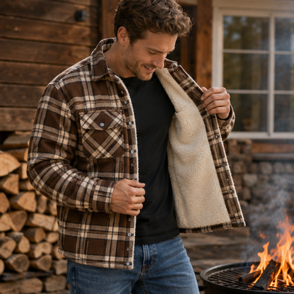 Men's Plaid Plush Winter Coat – Thick Mid Length Button Front Jacket for Casual Warmth and Everyday Outdoor Wear